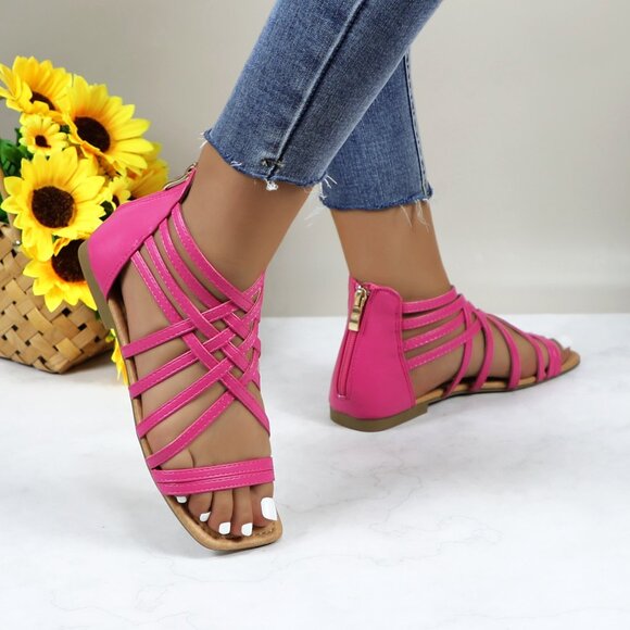 Women's Roman Gladiator Muliti Straped Back Zip Design Flat Heel Sandals Pink - Picture 2 of 6